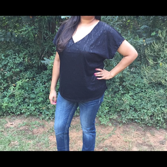 Black V-Neck Sequin Top