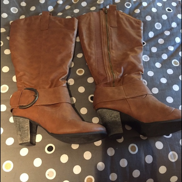 Tan (almost) knee high boots with 3" heel