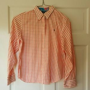 Orange and white checked women's button down