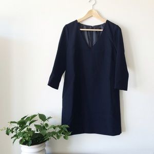 JCrew Wool V-Neck 3/4-Sleeve Shift Dress, Navy, 6