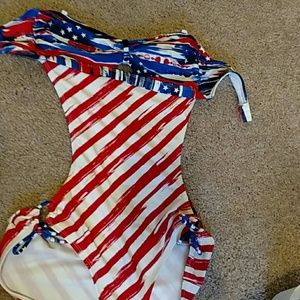 Backless strapless patriotic cut out swimsuit