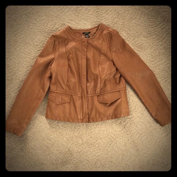 Brown faux leather jacket with gold color zipper