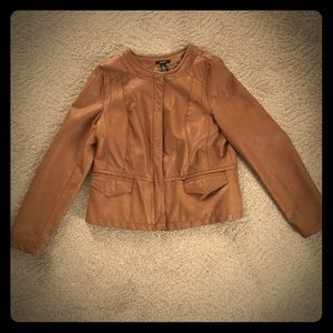 Brown faux leather jacket with gold color zipper