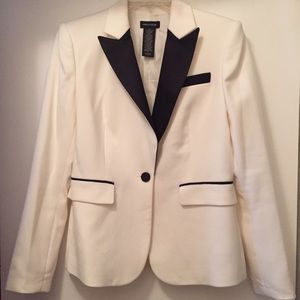 White and black tuxedo blazer. Black satin collar