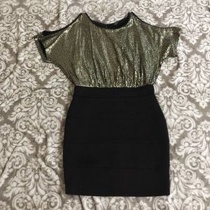 Xoxocold shoulder dress sparkly gold &black dress