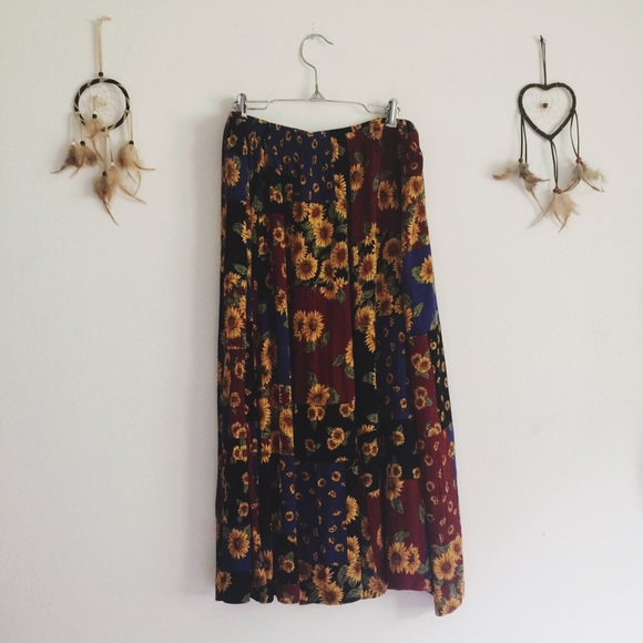 90s Vintage Sunflower Patchwork Boho Skirt
