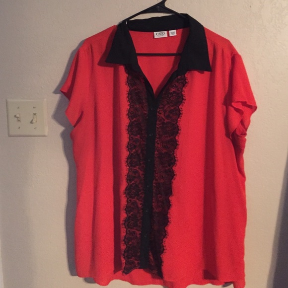 Red blouse with black lace