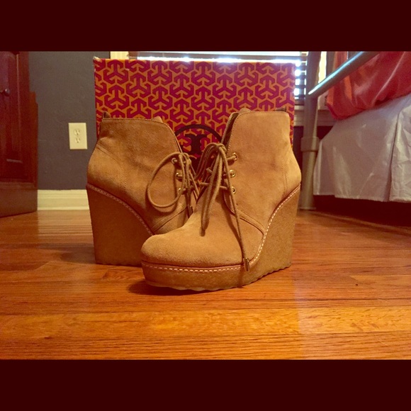 Tory Burch Shoes - Tory Burch Denise Wedge Suede Bootie boots - tan