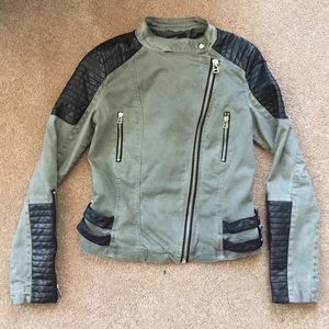 Olive green & faux leather moto jacket.