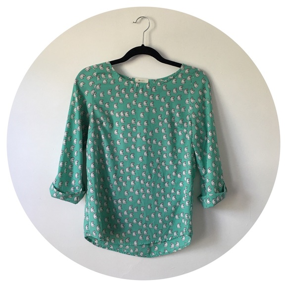 Teal Cat Print Top with Pearl Button Detail