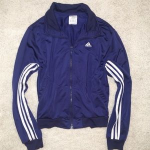 blue adidas jacket with white stripes