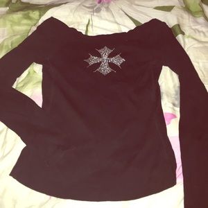 A off the shoulder black cotton bling cross top.