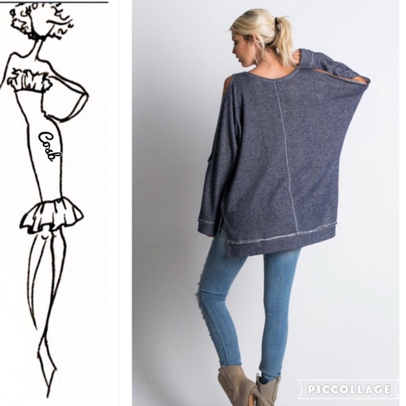 1 Left! Oversized Navy Cold Shoulders/Arm's Top - Picture 2 of 3