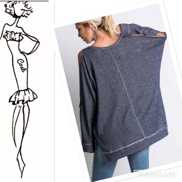 1 Left! Oversized Navy Cold Shoulders/Arm's Top - Picture 3 of 3