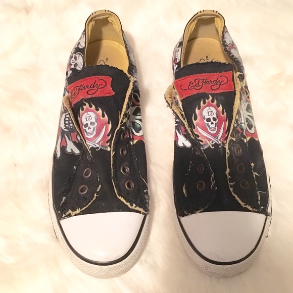 Ed Hardy Shoes - Ed Hardy Black Skull Slip On Sneakers