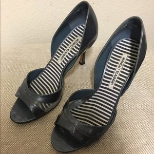 Manolo Blahnik Steel Blue Patent D'Orsay Sandals