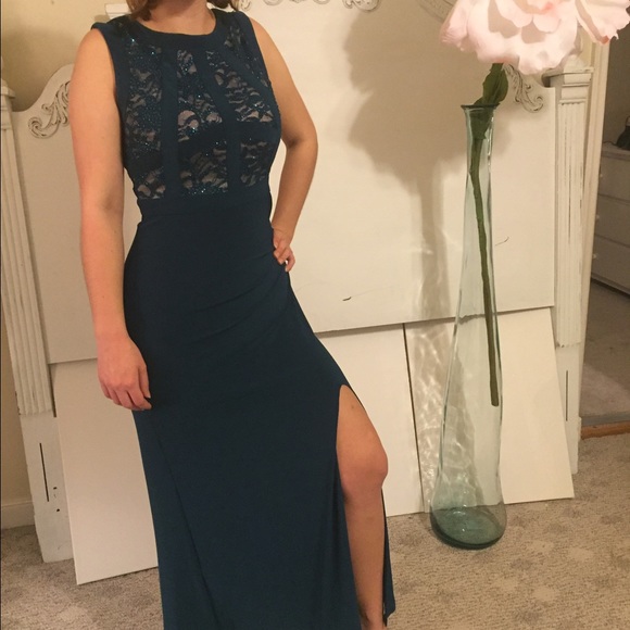 Long emerald green slit dress with lace top