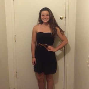 Strapless black lace dress