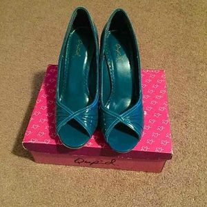 Teal open toe heels