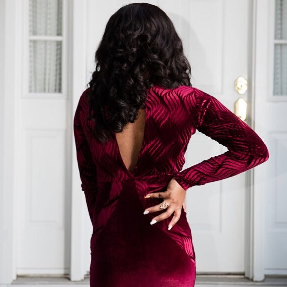 Burgundy velvet prom dress with nice detailing
