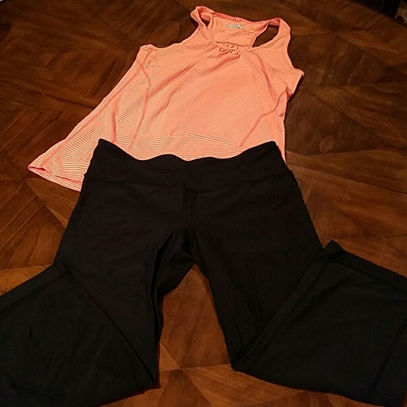 Orange striped tank top and Capri workout outfit