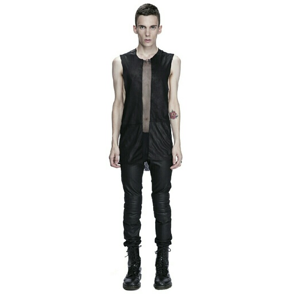 Unisex NonGendered Leather Strip Mesh Tank