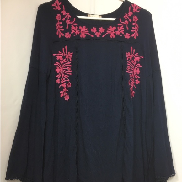 Navy blue and pink embroidered top