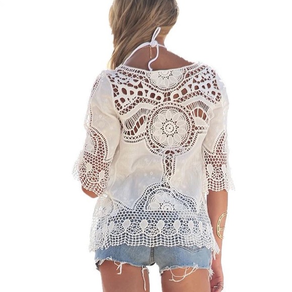 HOST PICK! Lacy Crotchet Sexy Summer Beach Blouse - Picture 2 of 4