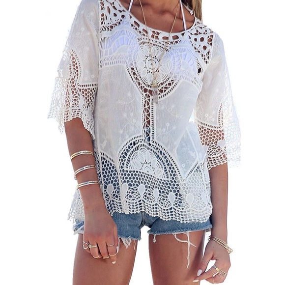 HOST PICK! Lacy Crotchet Sexy Summer Beach Blouse - Picture 4 of 4