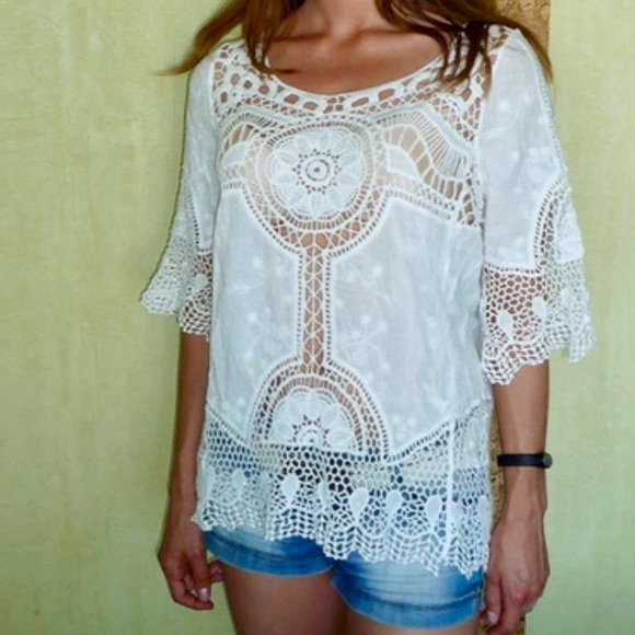 HOST PICK! Lacy Crotchet Sexy Summer Beach Blouse - Picture 3 of 4