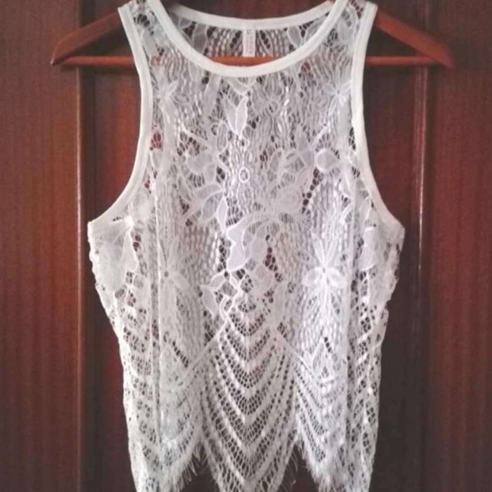 Summer Beach White Lace Sleeveless Tank Top + - Picture 6 of 8