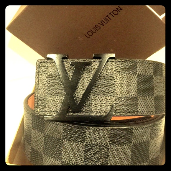 LV Buckle Men's Black and Gray Checkered Belt
