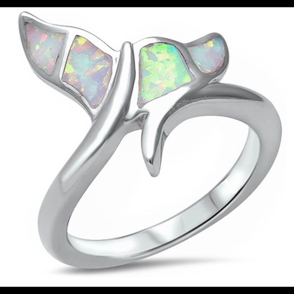 Sterling Silver Fishy Whale Tail White Opal Ring