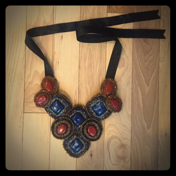 Red and Blue Beaded Bib Necklace