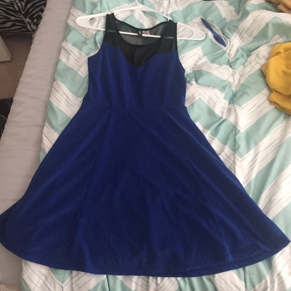 Light weight blue dress black mesh high neckline