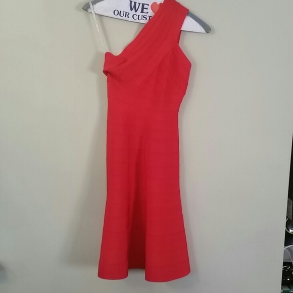 HERVE LEGER RED ONE-SHOULDER BANDAGE DRESS XXS
