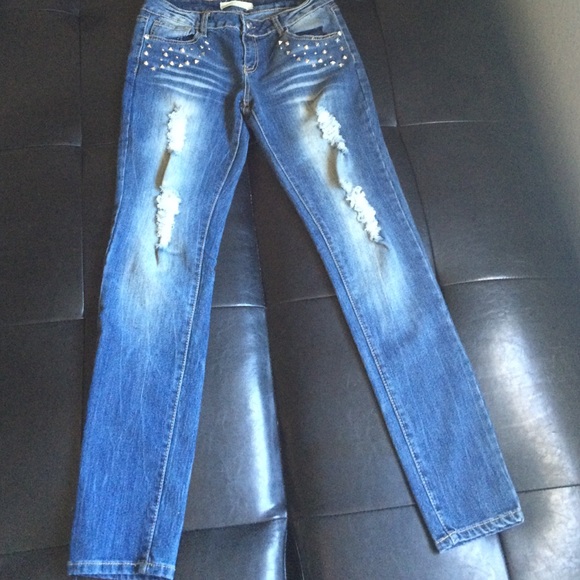 Blue Denim Skinny Jeans with Studs
