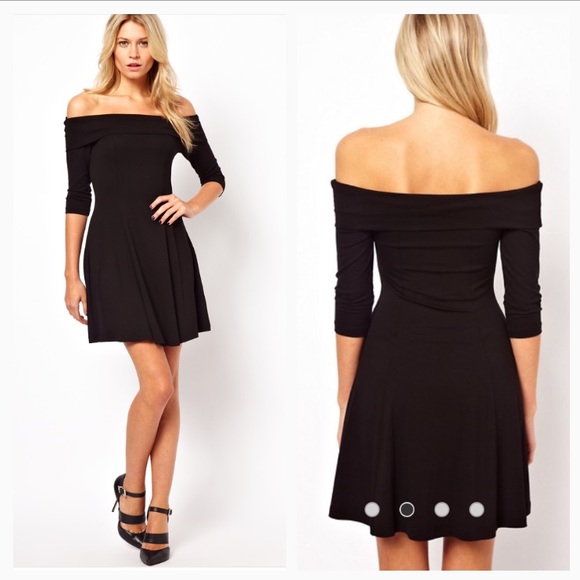 ASOS RED SKATER DRESS WITH OFF SHOULDER NECKLINE - Picture 2 of 4