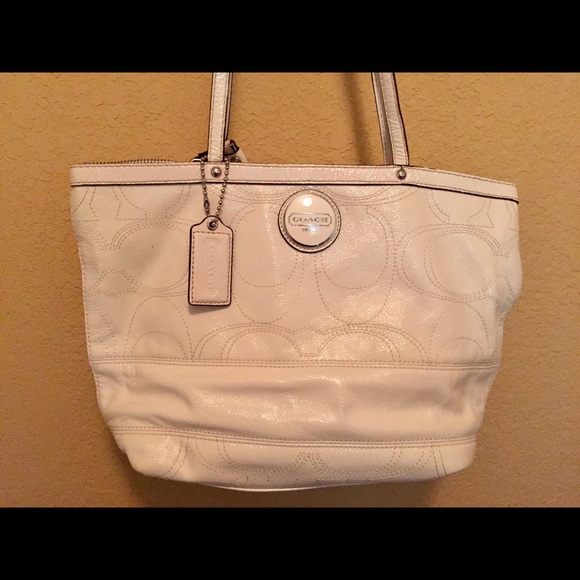 Auth coach white patent leather tote.