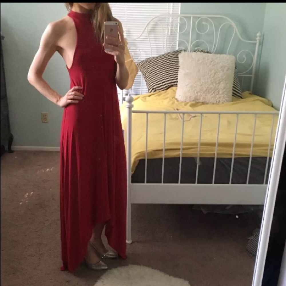 Long red asymmetrical dress