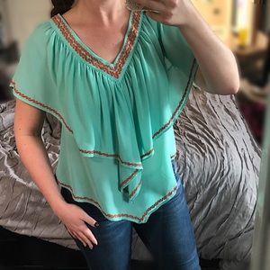 C. Luce Turquoise Embroidered Blouse