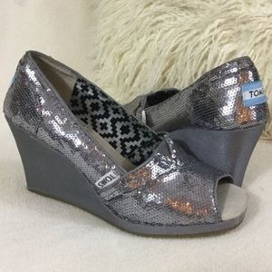 Silver Sequin Toms Wedges