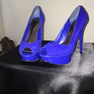 Royal Blue Suede Peep Toe Pumps