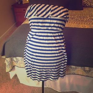 Blue and White striped strapless dress
