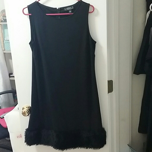 Black sleeveless dress with faux fur trim size 14