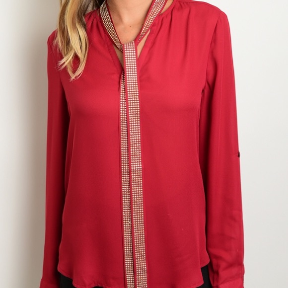 Red Blouse with Neck Tie - Picture 2 of 3