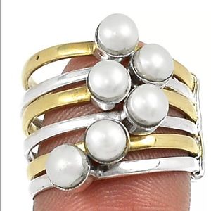SALE ♥️ PEARL, 2 TONE SETTING, STACK RING•925K STERLING SILVER RING