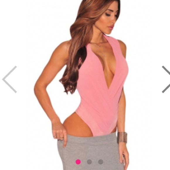 Pink deep v plunge faux wrap bodysuit top boohoo m
