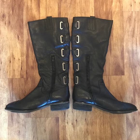 Black w/ silver flat below the knee riding boots.