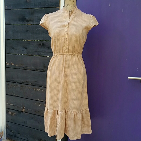 Vintage Beige Tan Plaid Fall Midi Dress